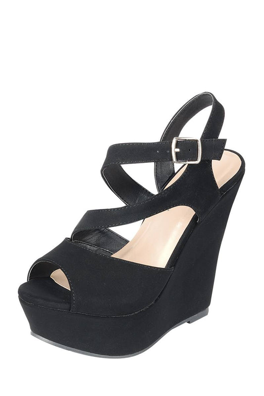 Ladies fashion suede fabric, upper ankle strap with adjustable buckle, and covered wedge heel