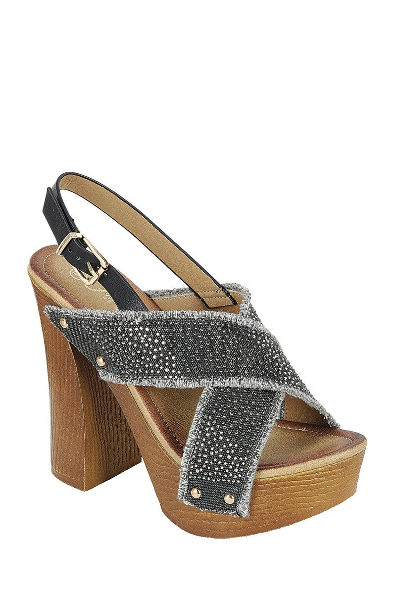 Ladies fashion ankle strap with adjustable buckle, wooden block heel