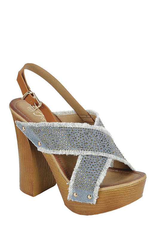 Ladies fashion ankle strap with adjustable buckle, wooden block heel