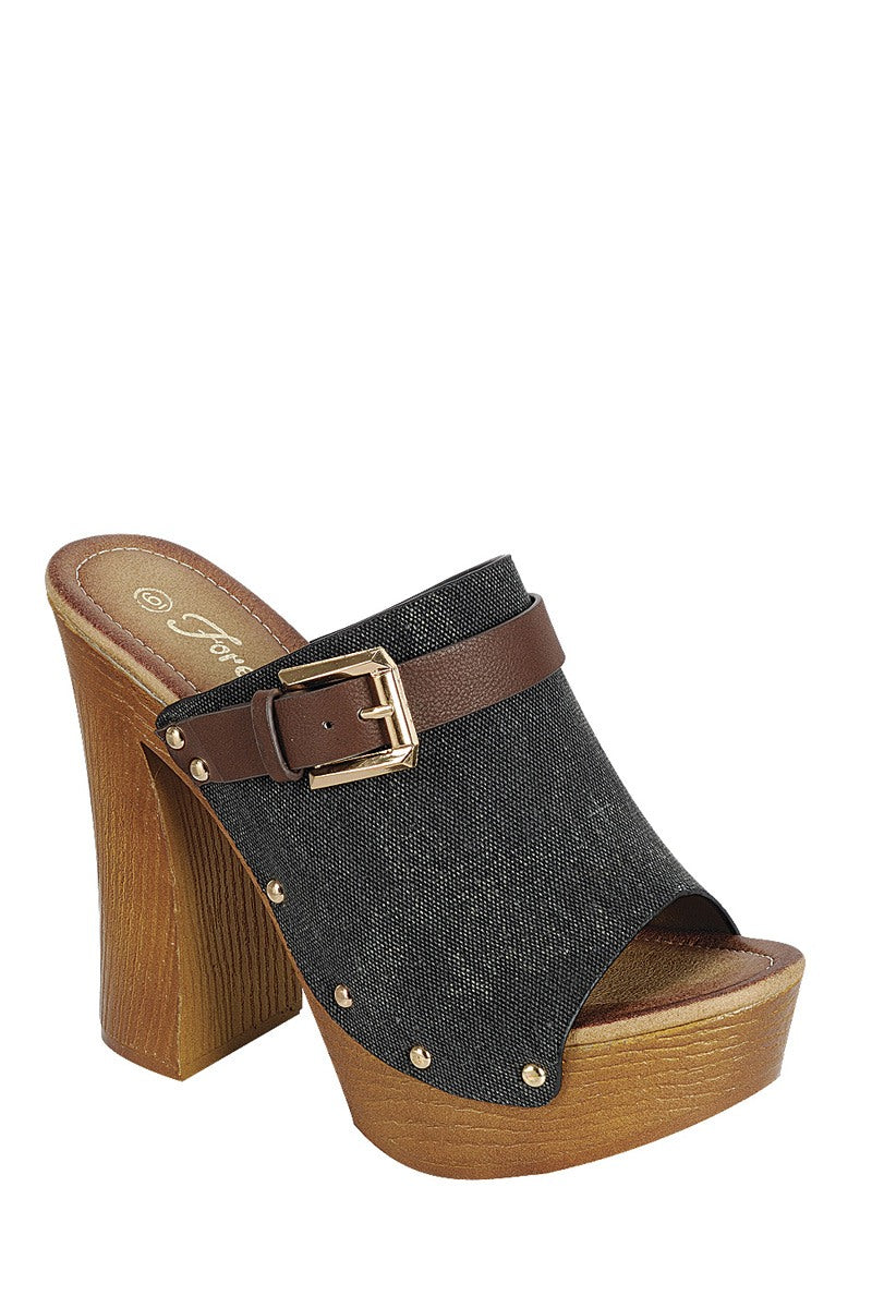 Ladies fashion denim upper slip on with buckle detail, and wooden covered heel