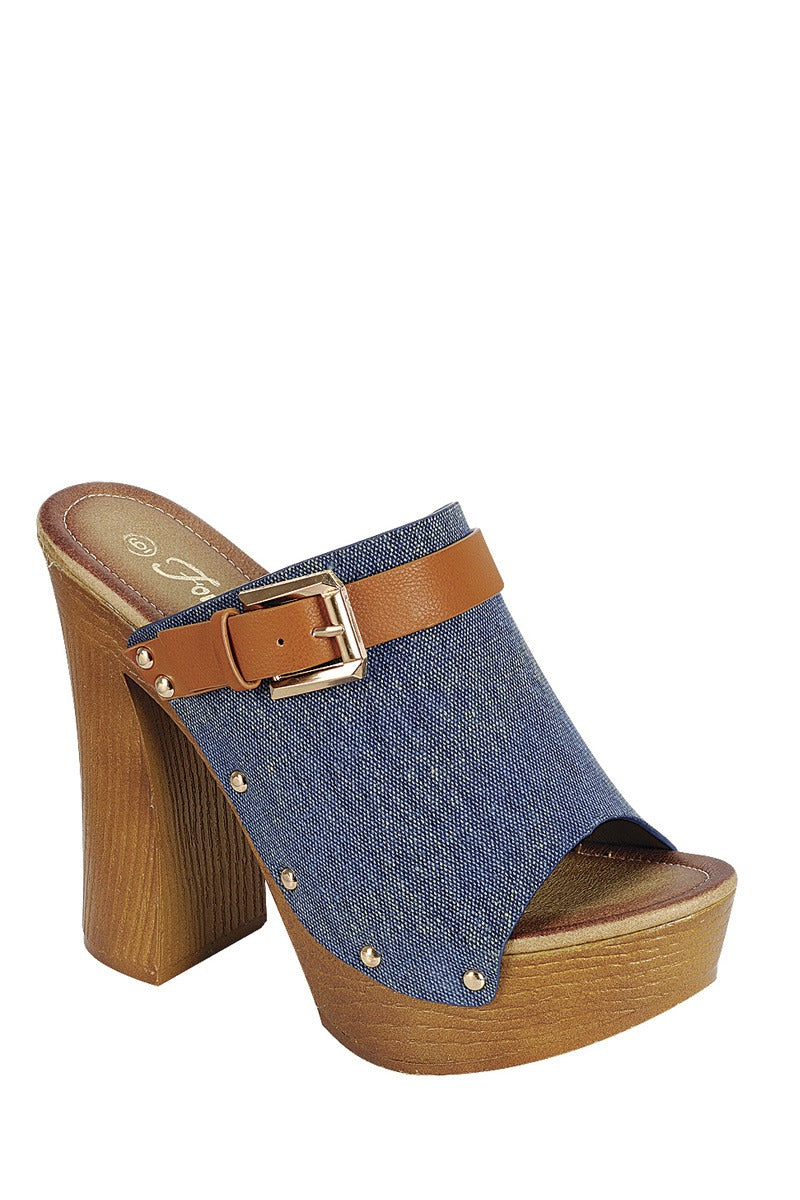 Ladies fashion denim upper slip on with buckle detail, and wooden covered heel