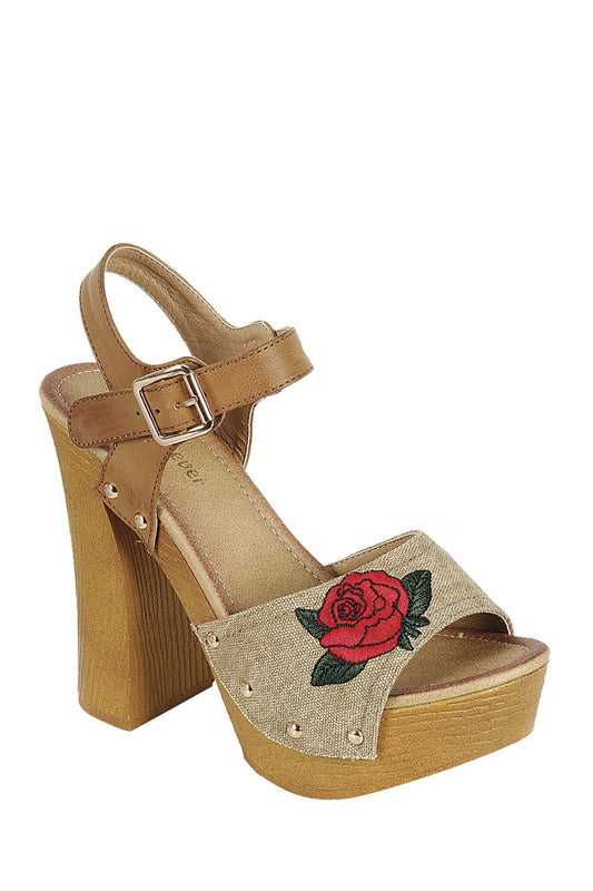 Ladies fashion leather upper slingback strap with buckle, with wooden stacked block heel