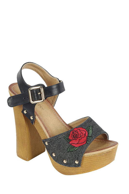 Ladies fashion leather upper slingback strap with buckle, with wooden stacked block heel