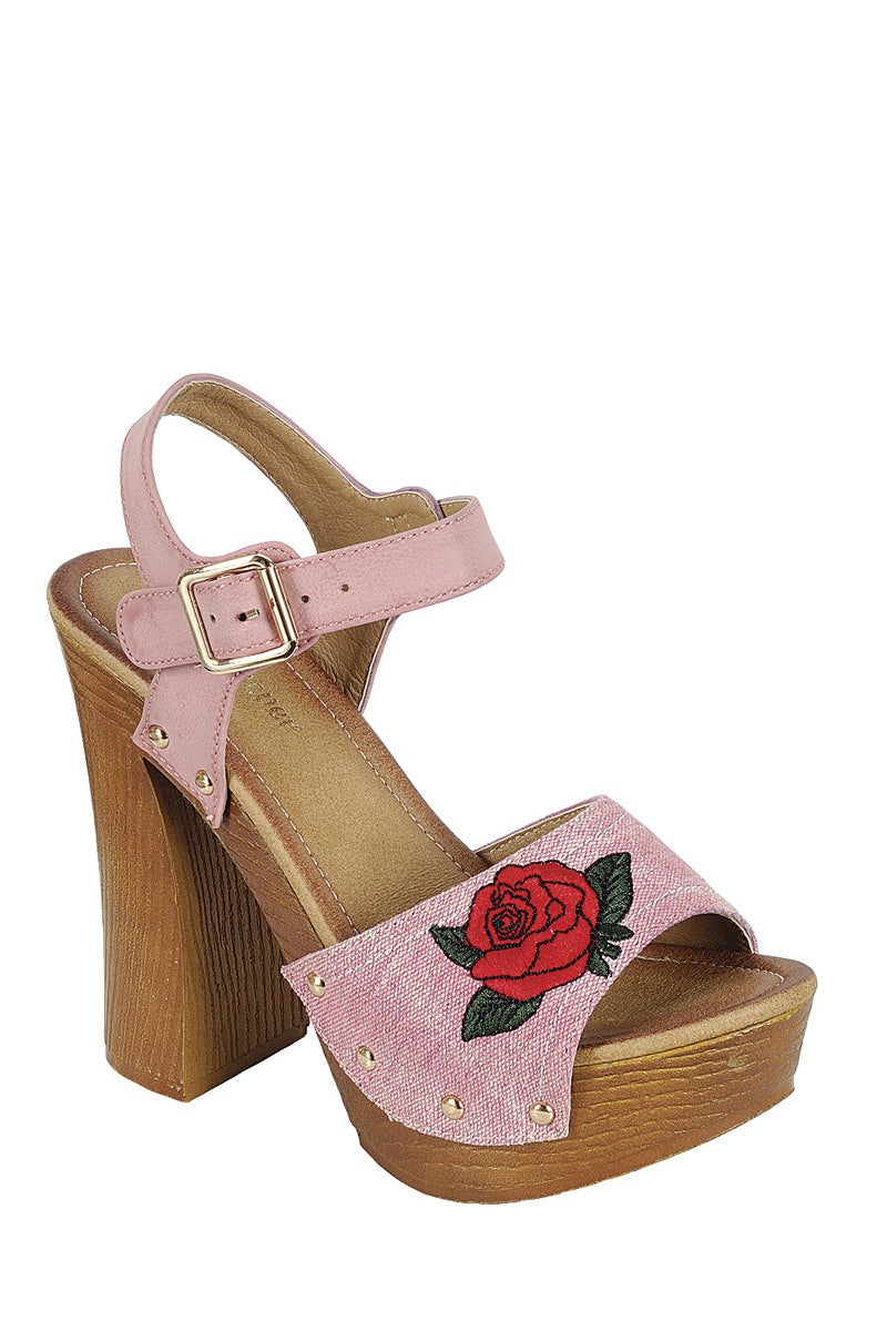 Ladies fashion leather upper slingback strap with buckle, with wooden stacked block heel