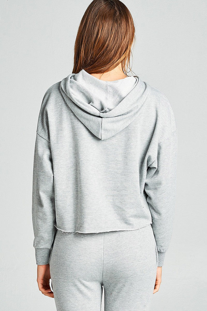 Ladies fashion dropped long sleeve raw-edge hem french terry hoodie top