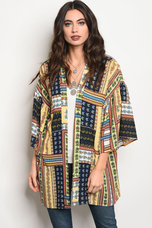 Ladies fashion 3/4 sleeve multi color and multi print light weight kimono