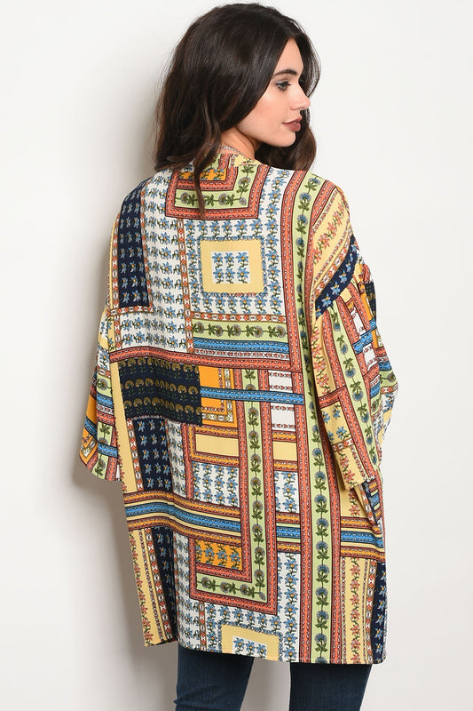 Ladies fashion 3/4 sleeve multi color and multi print light weight kimono