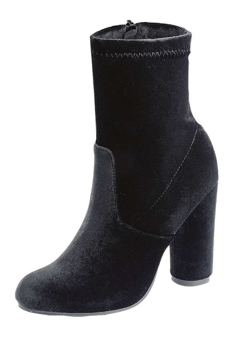 Ladies fashion reflections of sock-like ankle boot, closed almond toe, block heel with zipper closure