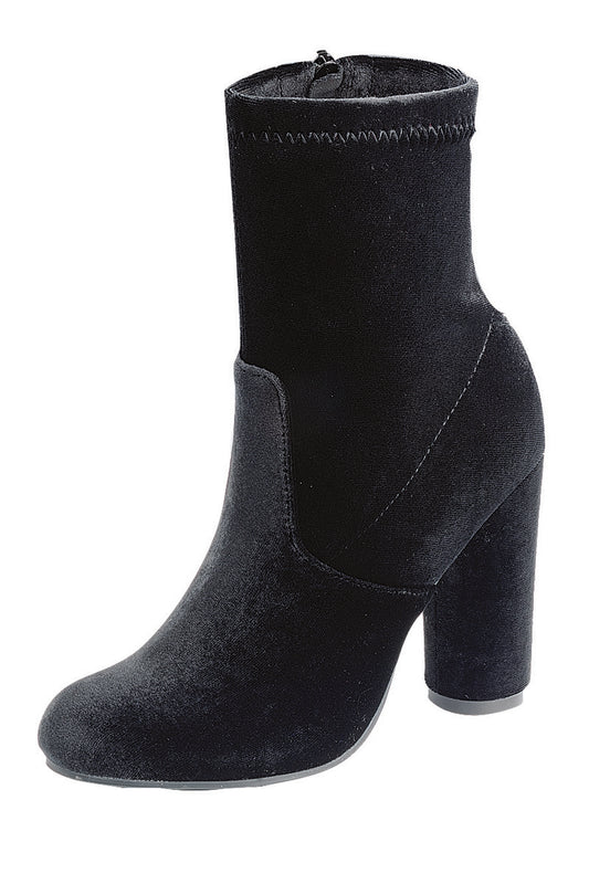 Ladies fashion reflections of sock-like ankle boot, closed almond toe, block heel with zipper closure