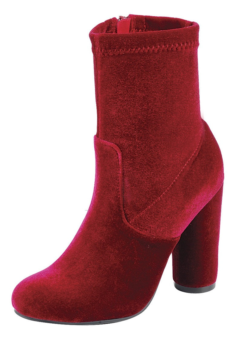 Ladies fashion reflections of sock-like ankle boot, closed almond toe, block heel with zipper closure