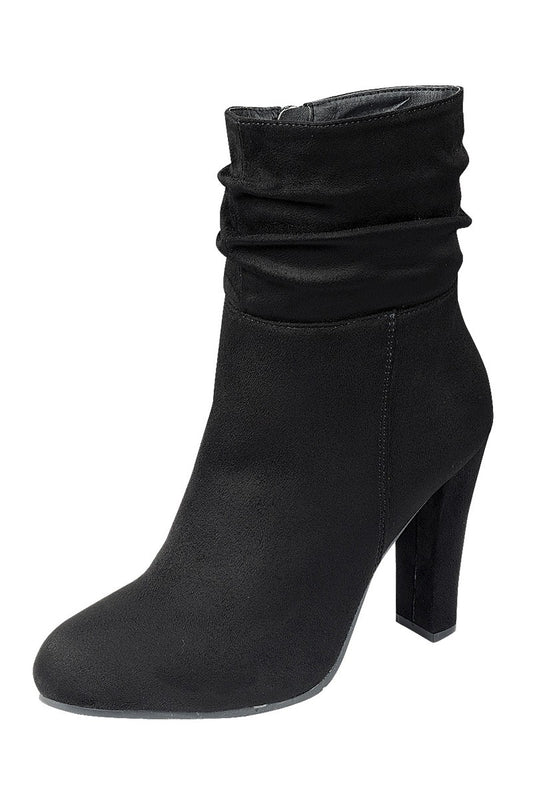 Ladies fashion gathered detail ankle boot, closed almond toe, block heel with zipper closure