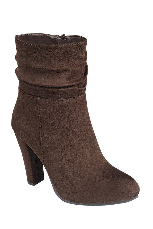 Ladies fashion gathered detail ankle boot, closed almond toe, block heel with zipper closure
