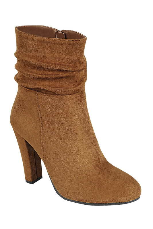 Ladies fashion gathered detail ankle boot, closed almond toe, block heel with zipper closure