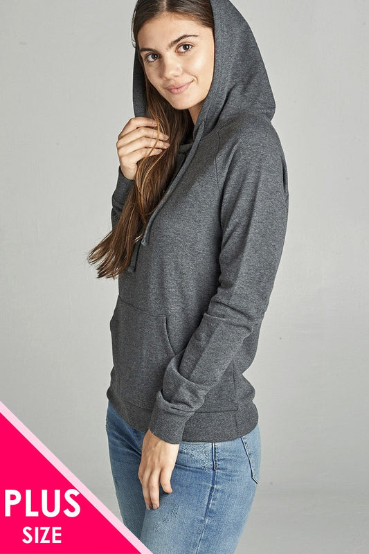 Ladies fashion long sleeve pullover french terry hoodie top w/ kangaroo pocket