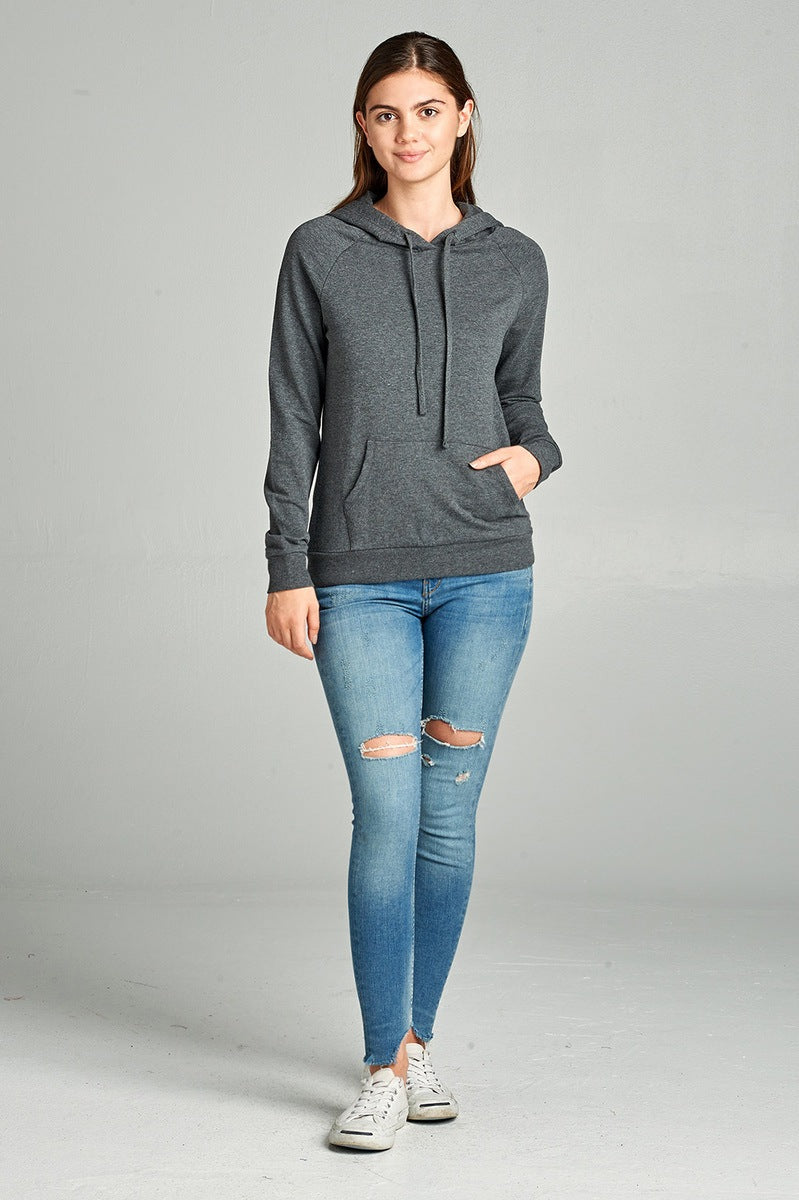 Ladies fashion long sleeve pullover french terry hoodie top w/ kangaroo pocket