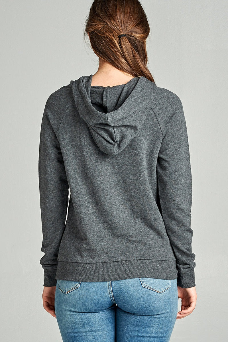 Ladies fashion long sleeve pullover french terry hoodie top w/ kangaroo pocket
