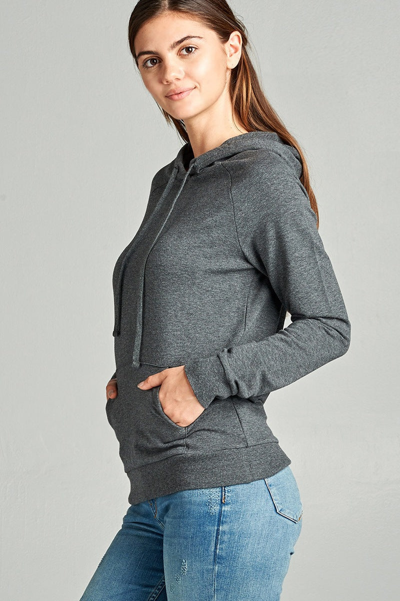 Ladies fashion long sleeve pullover french terry hoodie top w/ kangaroo pocket