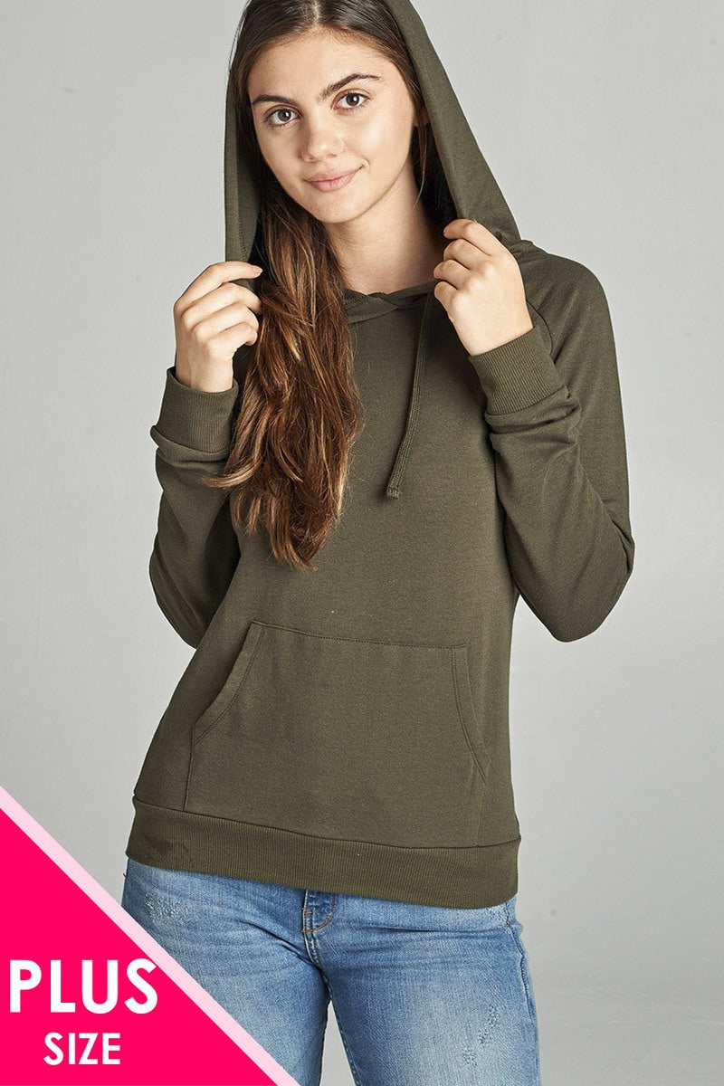 Ladies fashion long sleeve pullover french terry hoodie top w/ kangaroo pocket