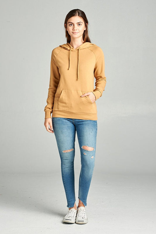 Ladies fashion long sleeve pullover french terry hoodie top w/ kangaroo pocket