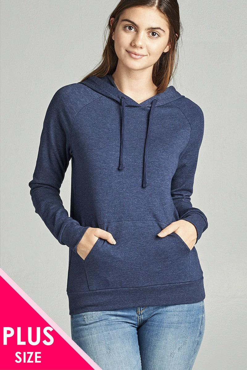 Ladies fashion long sleeve pullover french terry hoodie top w/ kangaroo pocket