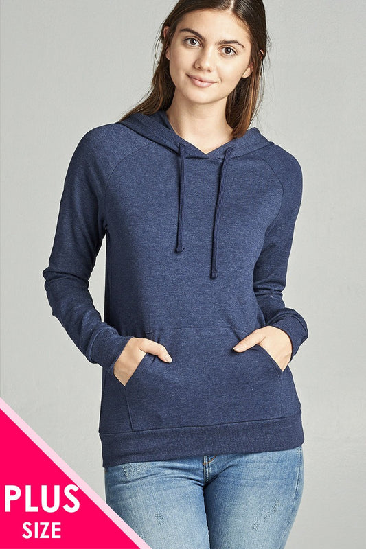 Ladies fashion long sleeve pullover french terry hoodie top w/ kangaroo pocket