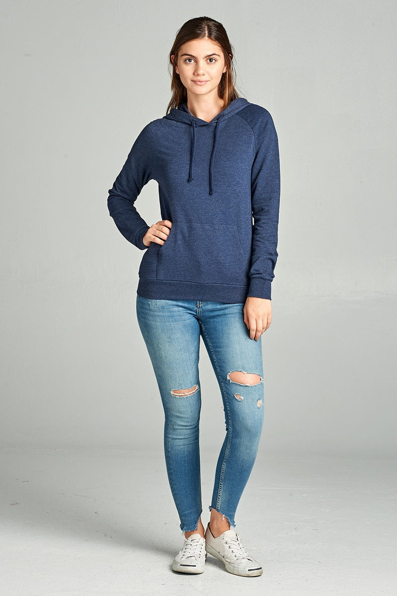 Ladies fashion long sleeve pullover french terry hoodie top w/ kangaroo pocket