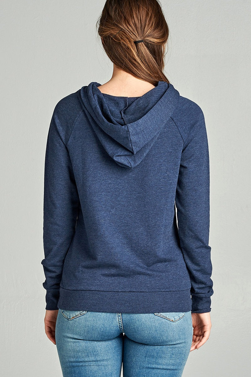 Ladies fashion long sleeve pullover french terry hoodie top w/ kangaroo pocket
