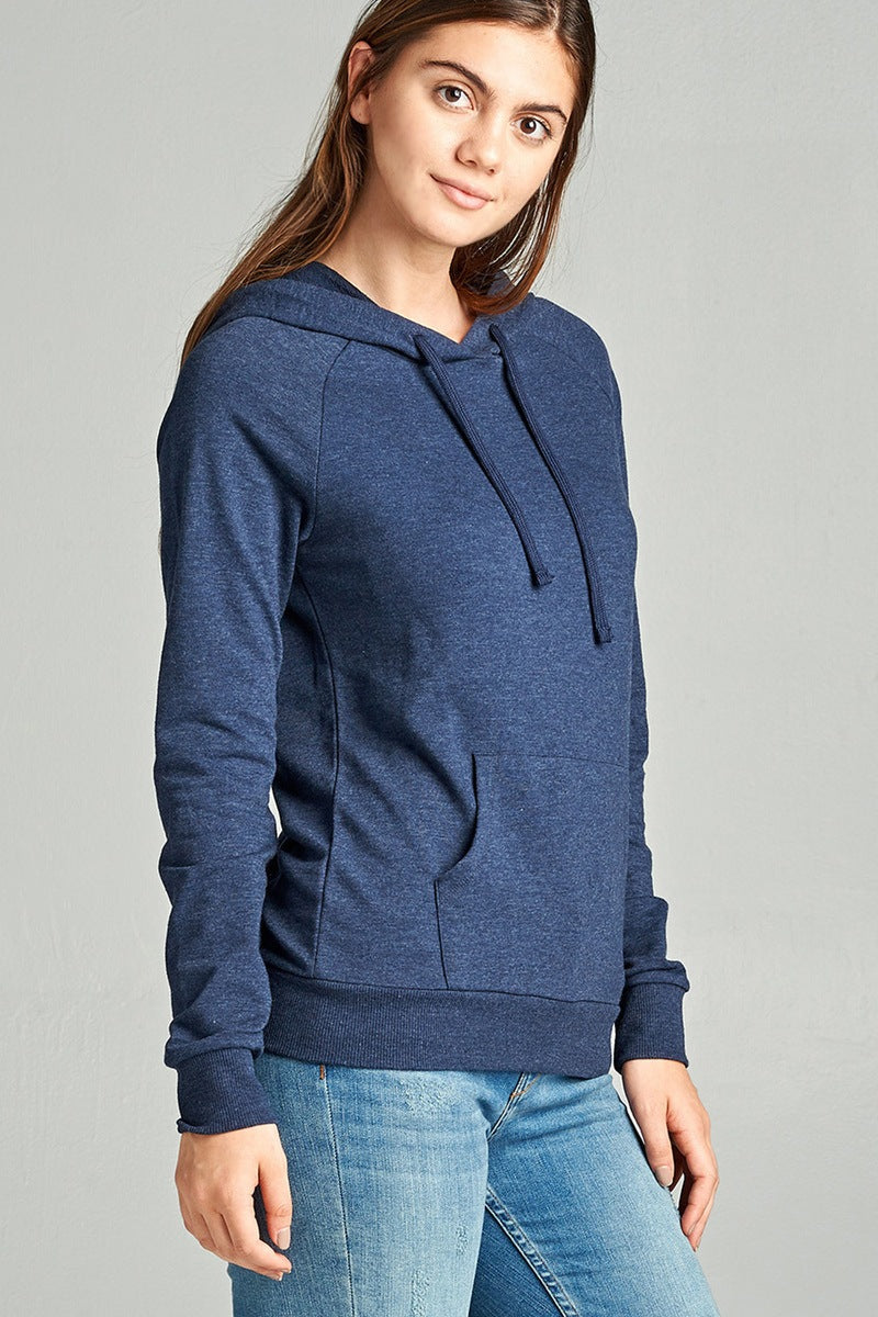Ladies fashion long sleeve pullover french terry hoodie top w/ kangaroo pocket