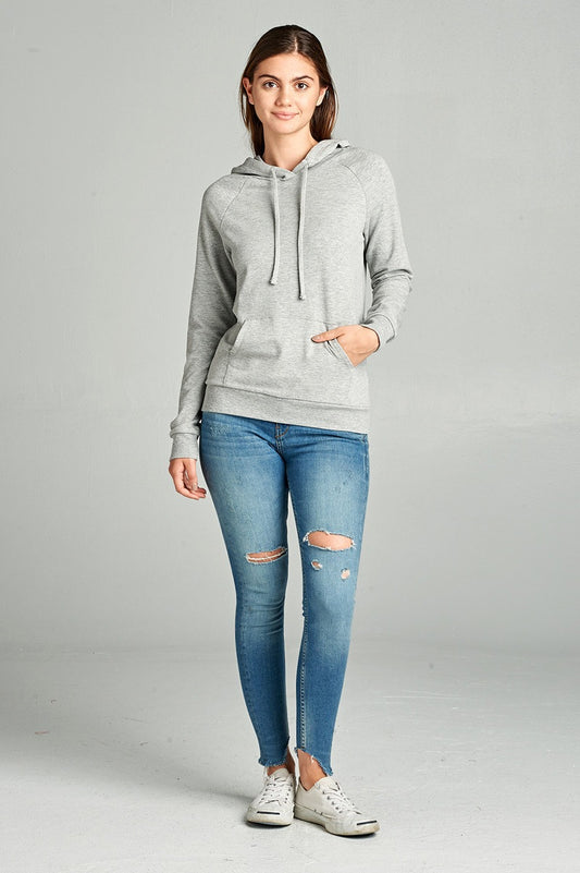 Ladies fashion long sleeve pullover french terry hoodie top w/ kangaroo pocket