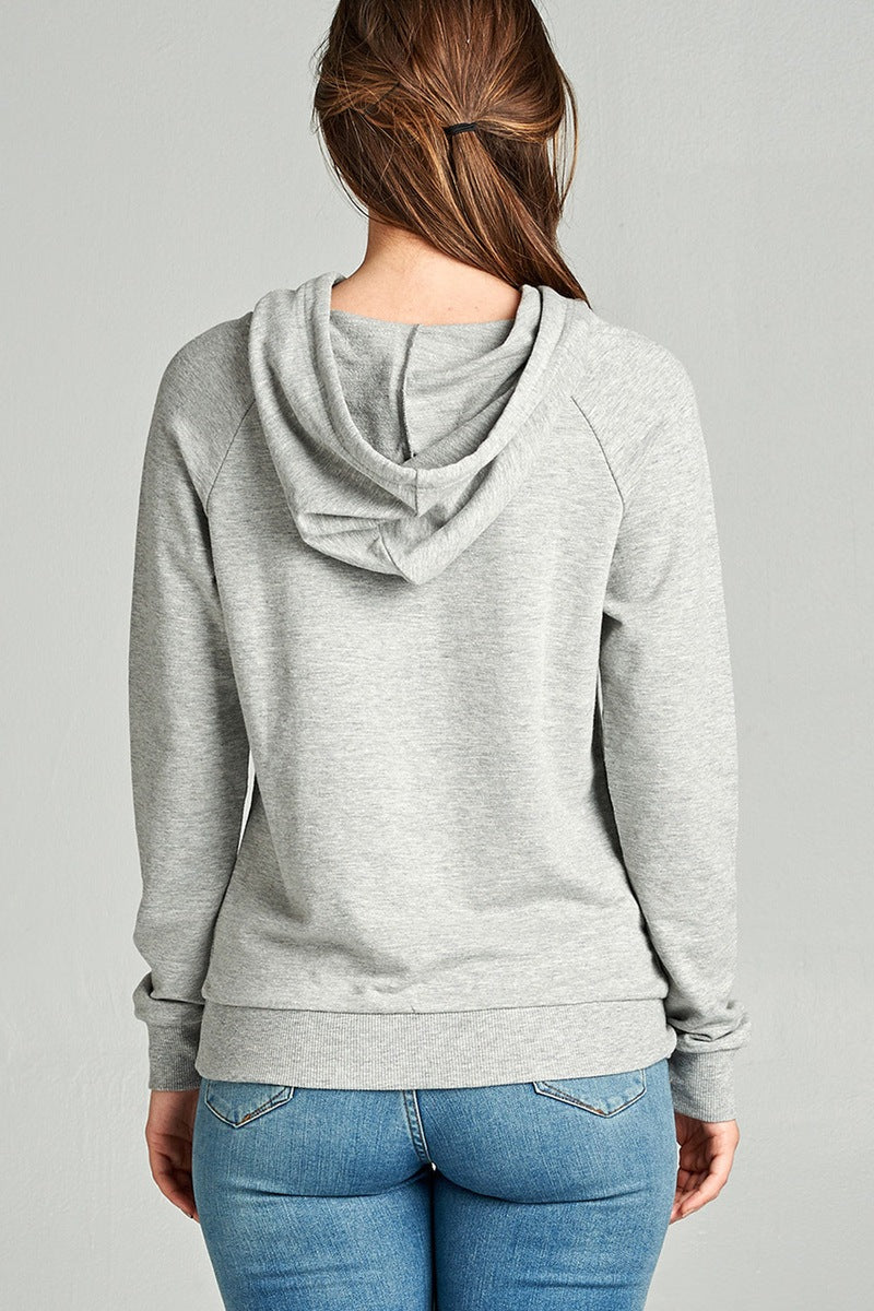 Ladies fashion long sleeve pullover french terry hoodie top w/ kangaroo pocket