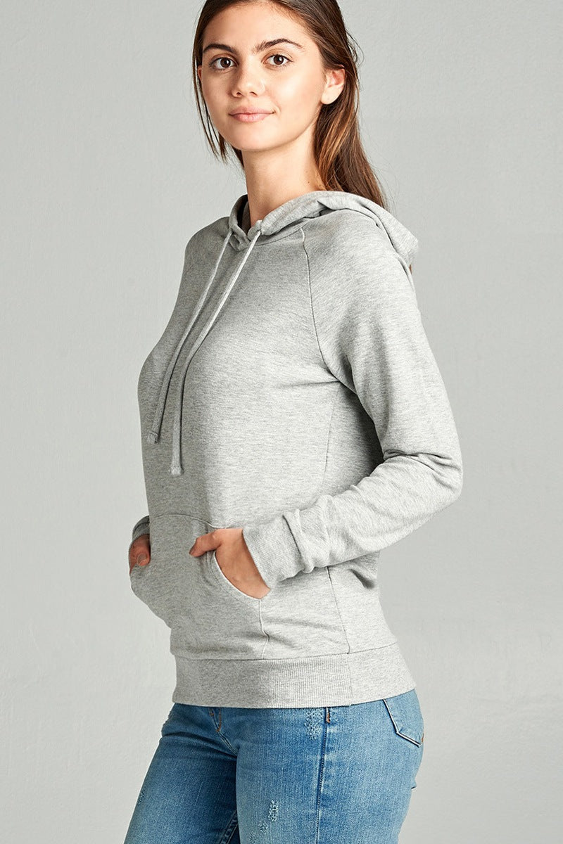 Ladies fashion long sleeve pullover french terry hoodie top w/ kangaroo pocket
