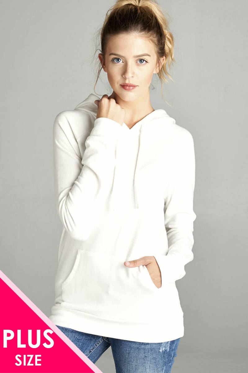 Ladies fashion long sleeve pullover french terry hoodie top w/ kangaroo pocket