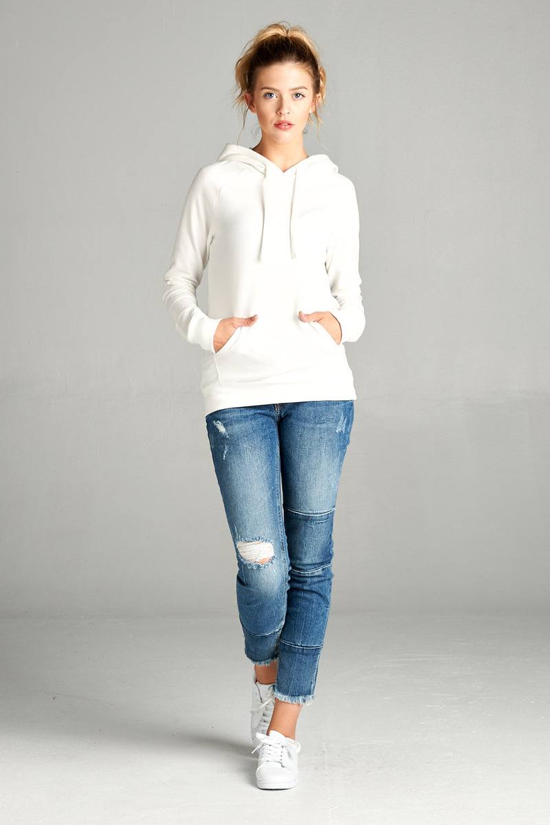Ladies fashion long sleeve pullover french terry hoodie top w/ kangaroo pocket