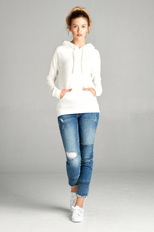 Ladies fashion long sleeve pullover french terry hoodie top w/ kangaroo pocket