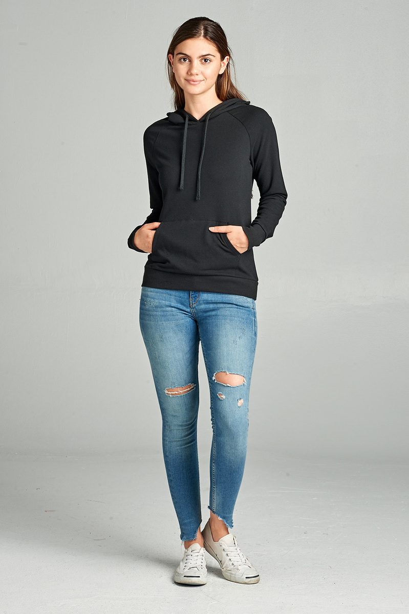 Ladies fashion long sleeve pullover french terry hoodie top w/ kangaroo pocket