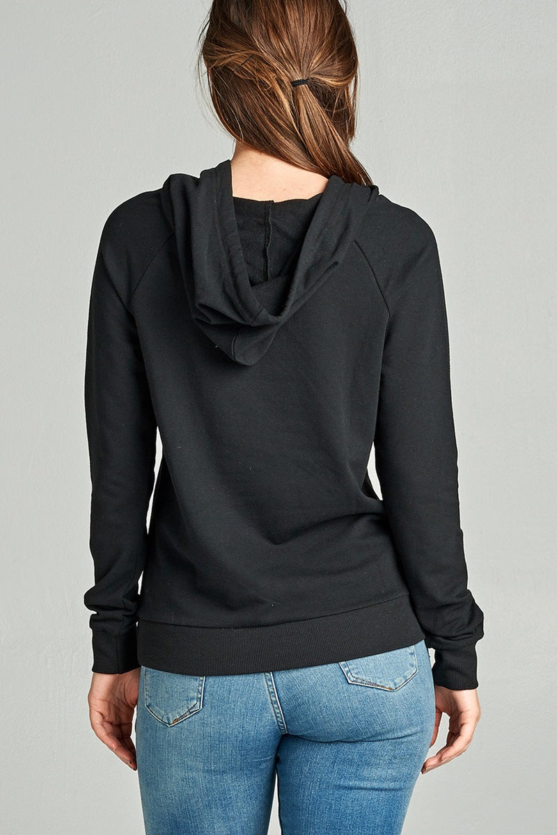 Ladies fashion long sleeve pullover french terry hoodie top w/ kangaroo pocket
