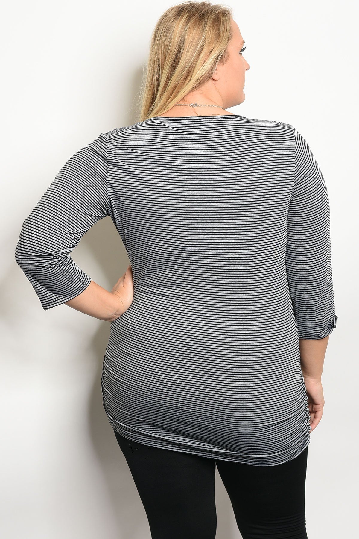 Ladies fashion plus size striped 3/4 sleeve fitted tunic with a lace up scoop neckline