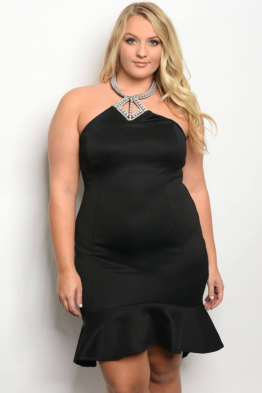 Ladies fashion plus size sleeveless fitted mermaid cut dress with a jeweled halter neckline