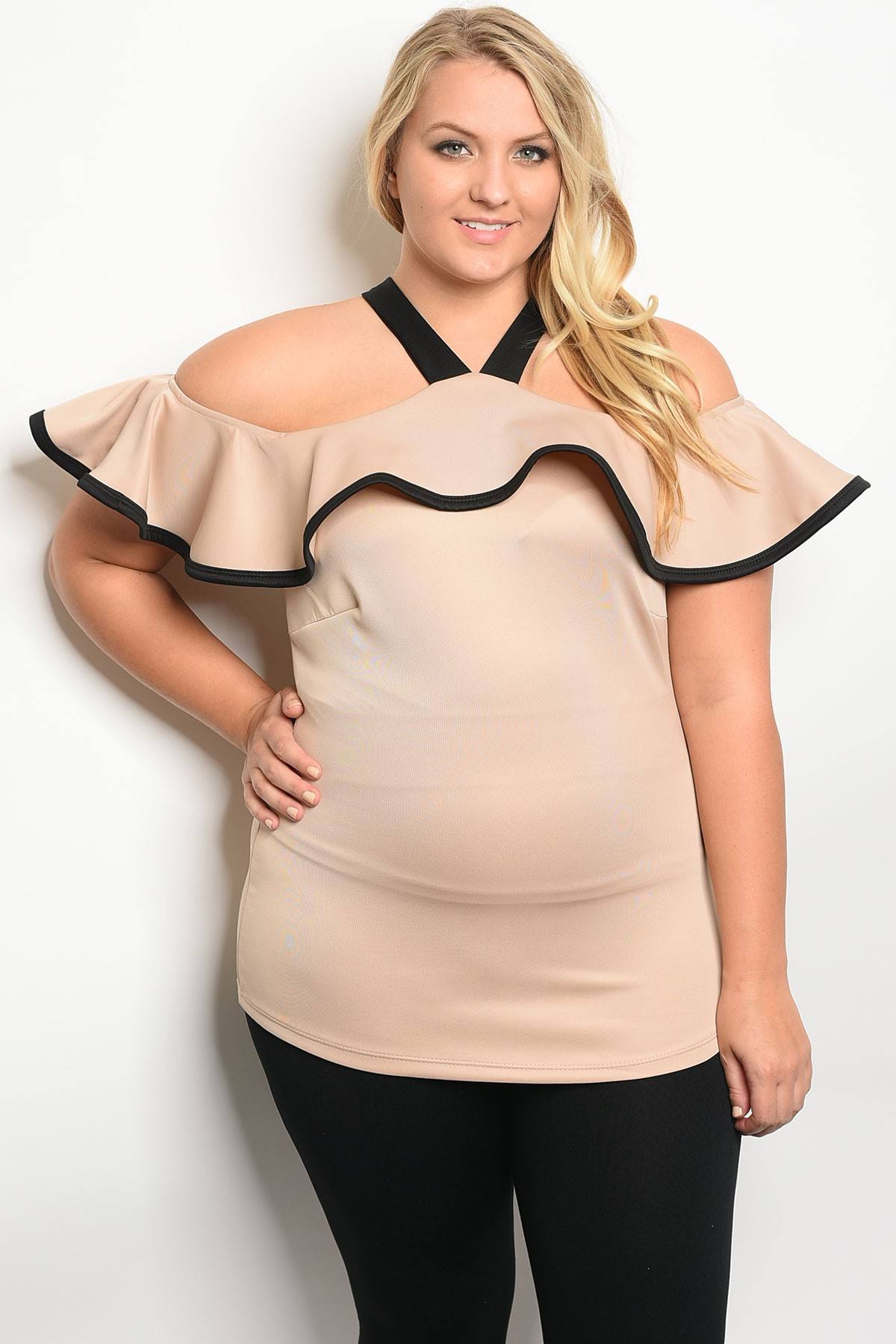 Ladies fashion plus size off the shoulder top with ruffle details and a halter neckline
