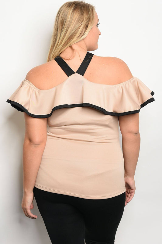 Ladies fashion plus size off the shoulder top with ruffle details and a halter neckline