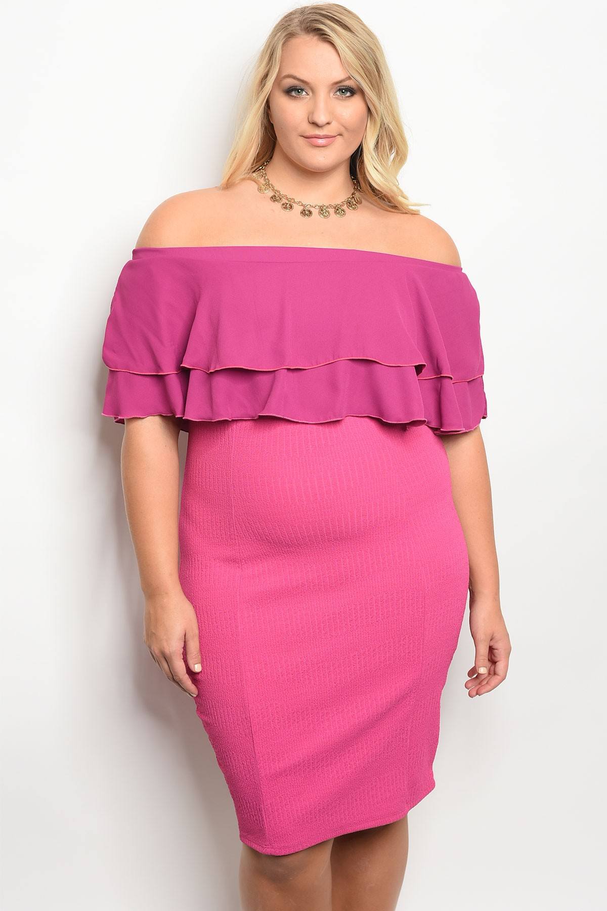 Ladies fashion plus size off the shoulder fitted bodycon dress with ruffle details