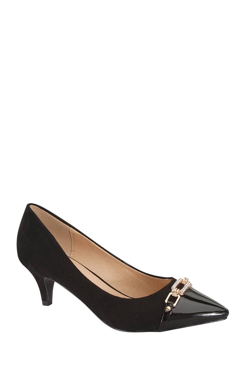 Ladies fashion one inch heeled shoe, closed round toe slip on, with rhinestone detail
