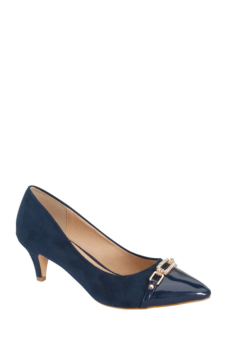 Ladies fashion one inch heeled shoe, closed round toe slip on, with rhinestone detail