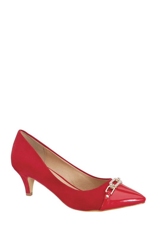 Ladies fashion one inch heeled shoe, closed round toe slip on, with rhinestone detail