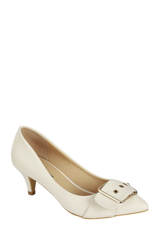 Ladies fashion one inch heeled shoe, closed round toe slip on, with buckle detail