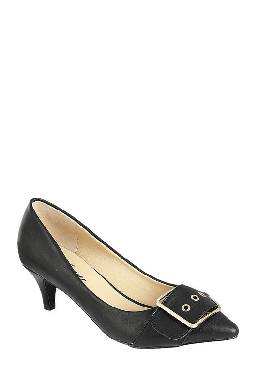 Ladies fashion one inch heeled shoe, closed round toe slip on, with buckle detail