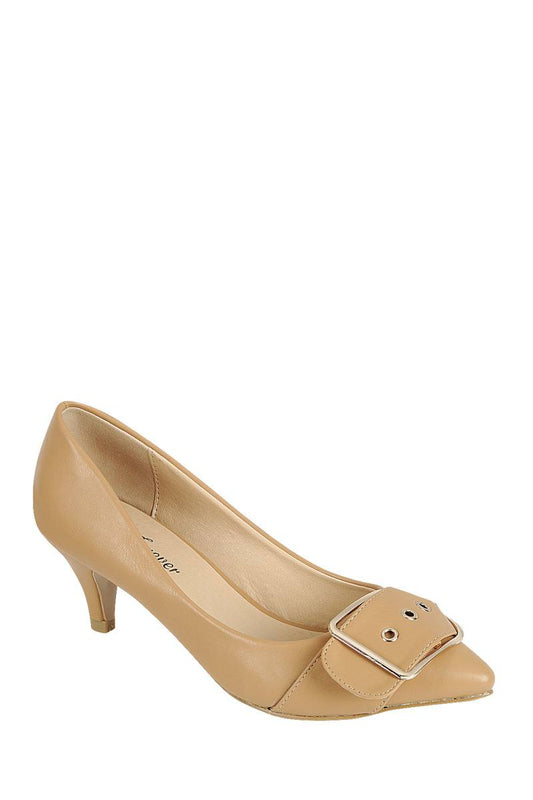 Ladies fashion one inch heeled shoe, closed round toe slip on, with buckle detail