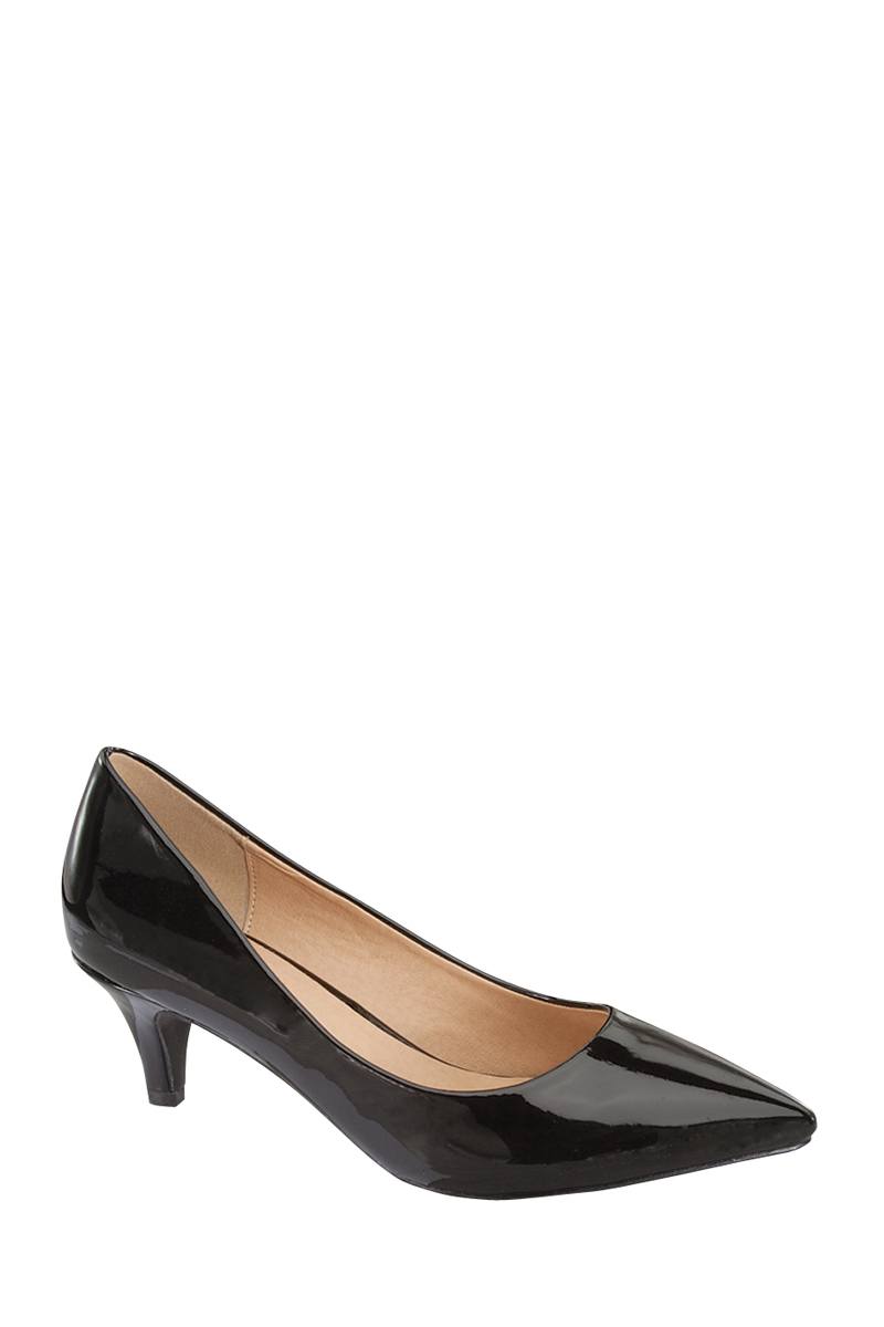 Ladies fashion one inch heeled shoe, closed pointed toe slip on, patent leather pump