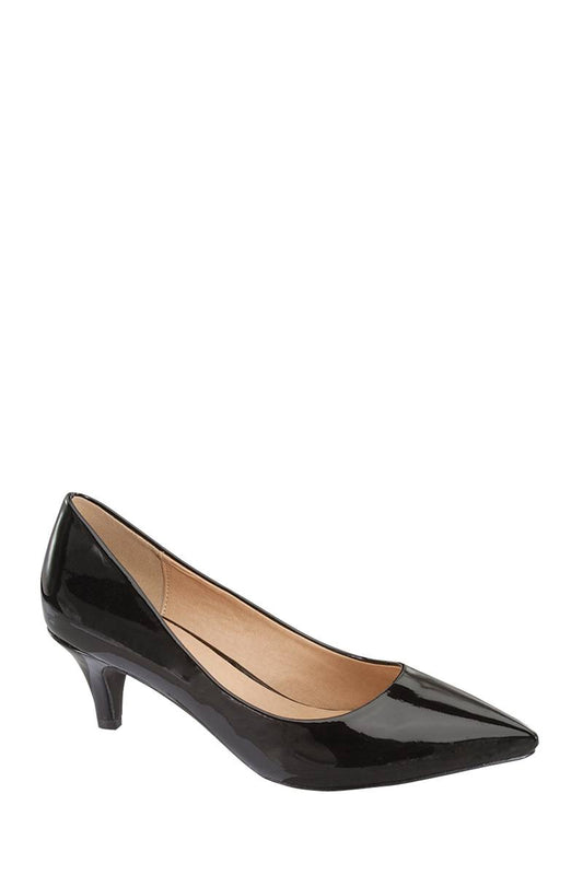 Ladies fashion one inch heeled shoe, closed pointed toe slip on, patent leather pump