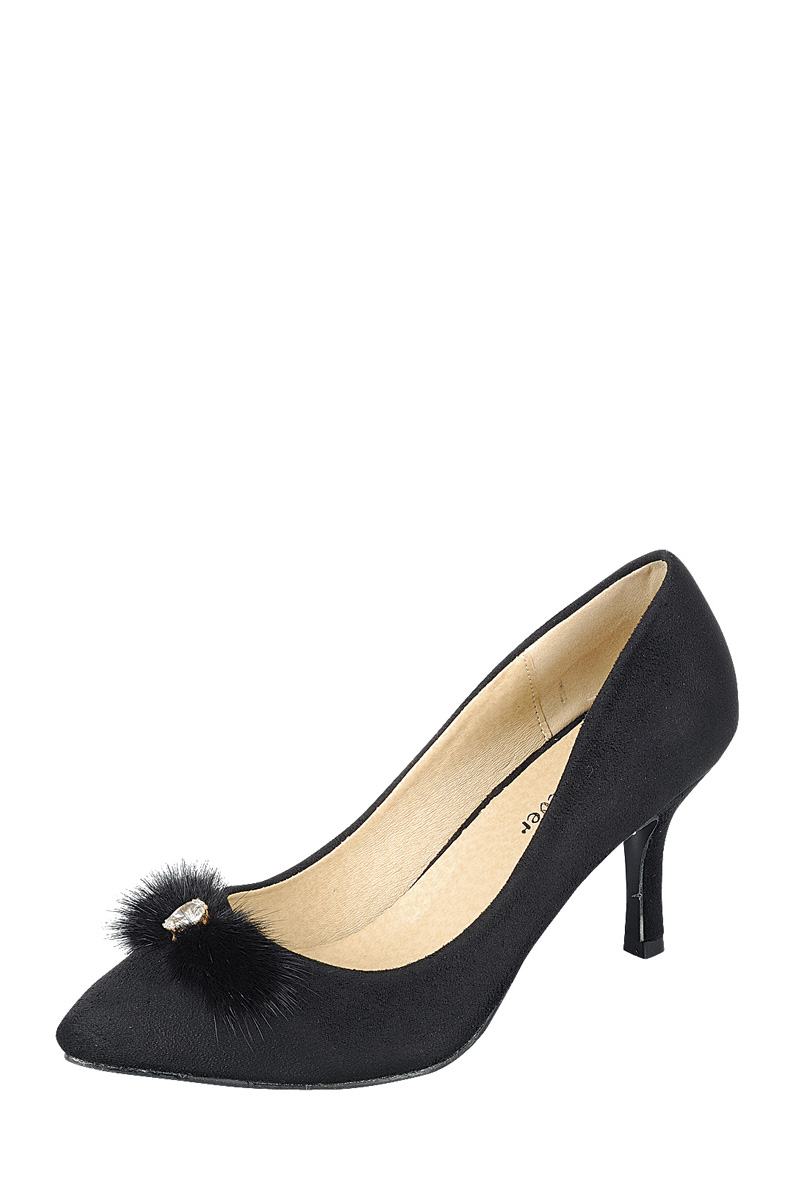 Ladies fashion one inch heeled shoe, closed round toe slip on, suede pump with decorative rhinestone detail